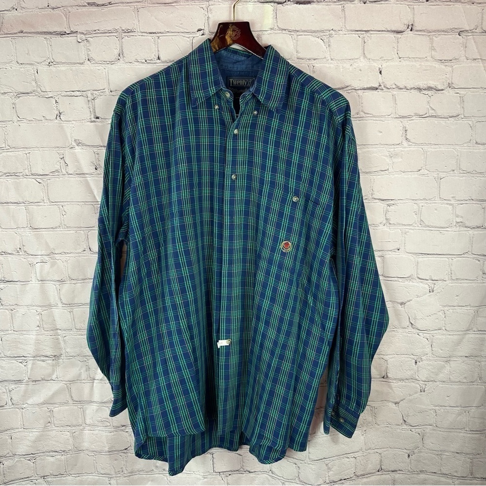 Wrangler 20X Green Blue plaid Casual Button Down western Shirt sz 16.5 34/35